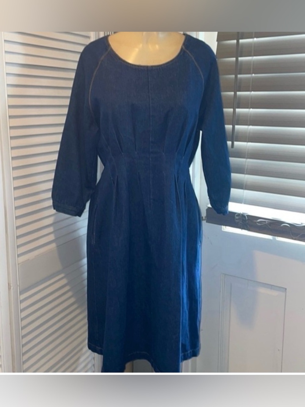 Unknown Brand Blue Denim Midi Dress with Pleated Skirt